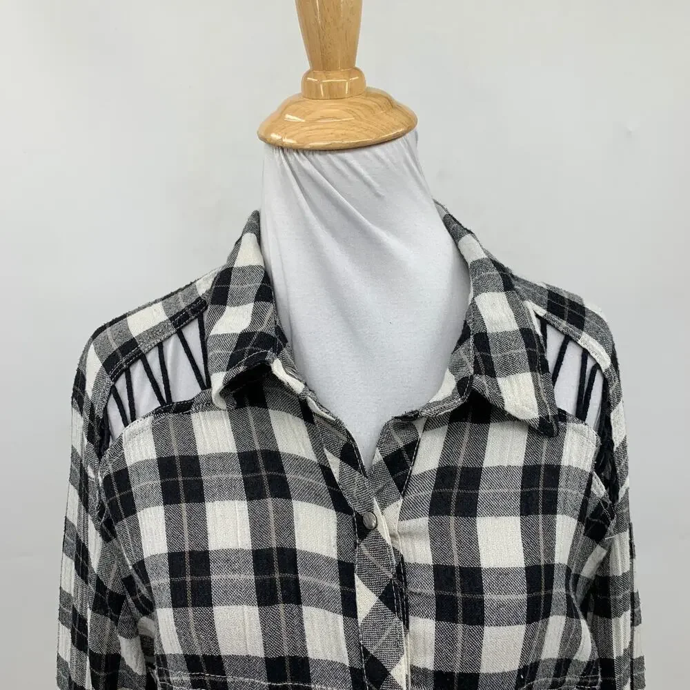 Free People Shirt Womens M Medium Black White Plaid Lace Up Shoulder Snap Button